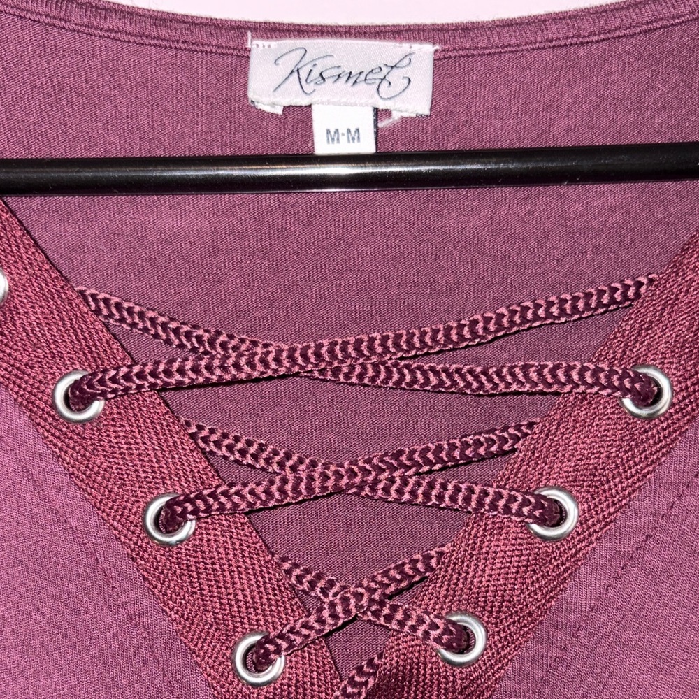 ๐ฅ2/$33๐ฅ Kismet Lace-Up Short Mesh Sleeve Top - Maroon Colour - Picture 2 of 9